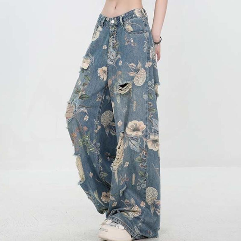 Stylish American - Inspired Jeans for Women In Summer: Thin Vintage - Printed Ripped Wide - Legged Floor - Length Loose - Fitting and Slimming