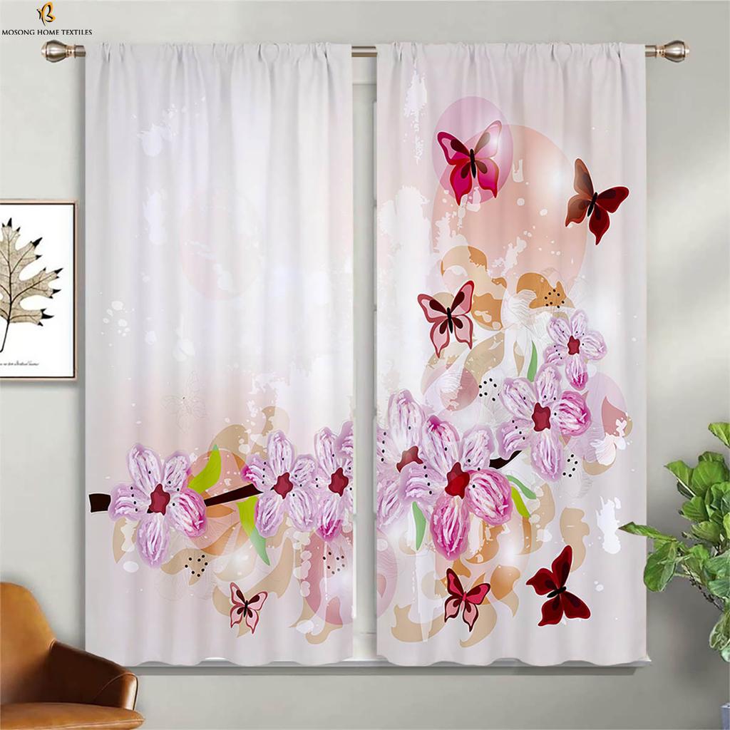 Floral Butterfly 3D Printed Curtain Rod Pocket Bedroom Living Room Kitchen Window Curtain Home Decor 2 Pieces