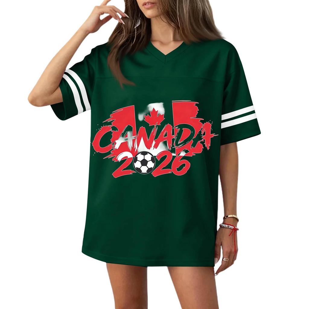 Women's Casual V Neck Short Sleeve Soccer Jersey Top with Flag Print and 2026 Graphic for Sports and