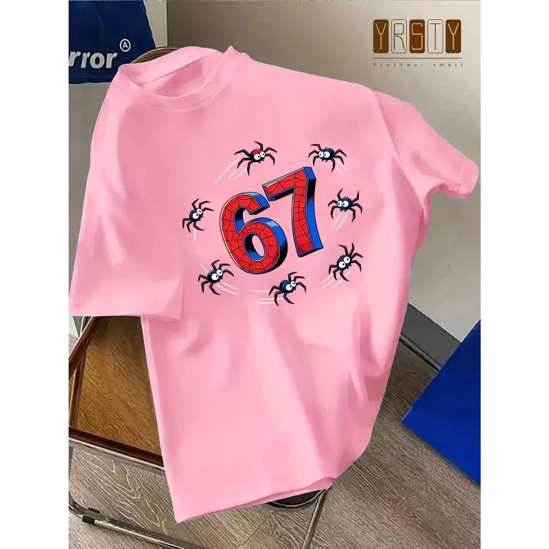 European sizes Children Casual T-Shirt with Cartoon Spider and Number 67 Perfect for Summer, Crew Neck, Short Sleeve, Medium Stretch Unisex Fit