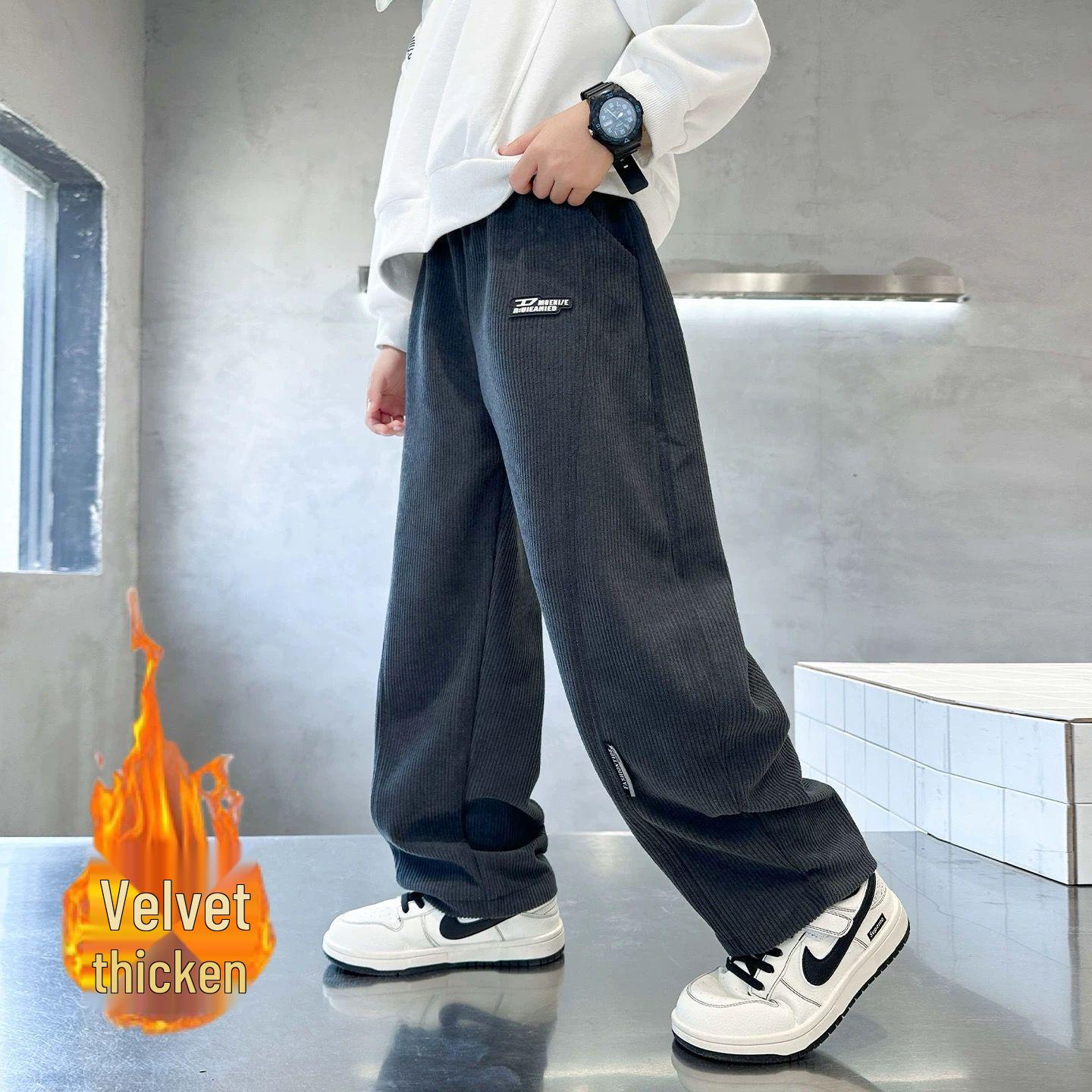 Boys  Fleece-Lined Corduroy Wide-Leg Pants - Winter Style 150cm серый