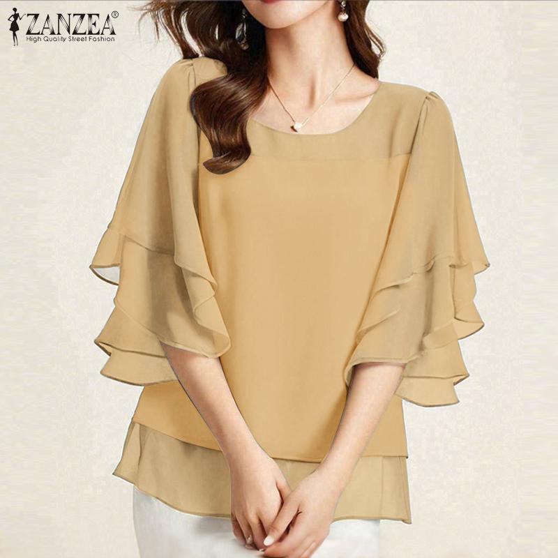 ZANZEA Women Casual Round Neck Ruffles Sleeve Loose Blouse