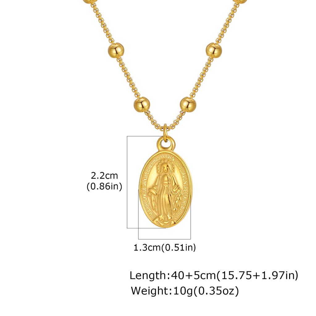 Holy Virgin Rosary Necklace for Women,Stainless Steel Bead Chain Necklaces,Classic Oval Mary Pendant Jewelry Gift