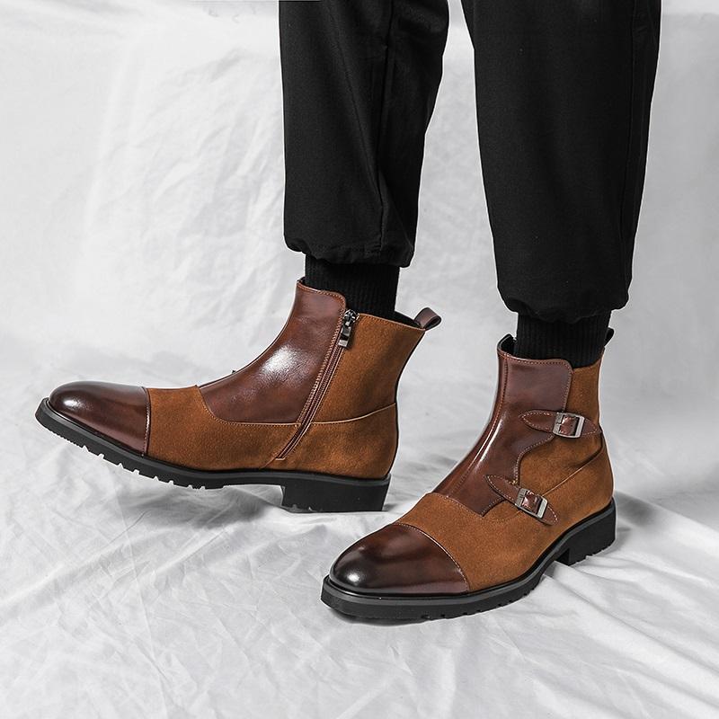 Fashion British New Winter Pointed Toe Men Mid-calf Business Boots Buckle Strap Boots Leather Monk Strap Shoes Street Motorcycle Boots