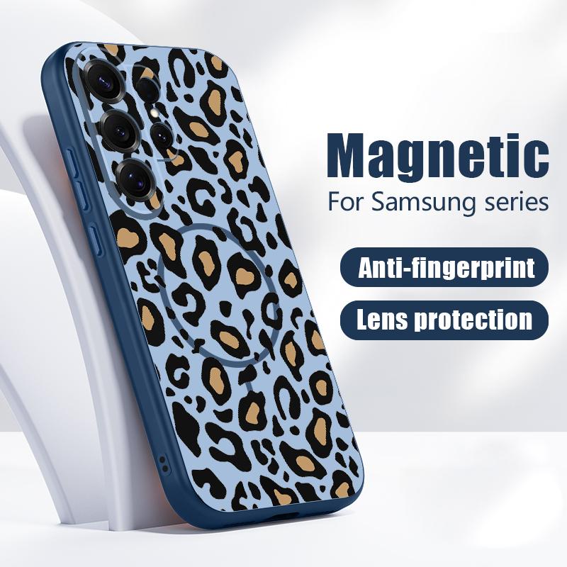 Magnetic For Magsafe Case For Samsung Galaxy S26 Ultra S25 Edge S24 Plus S23 FE S22 A54 A55 A56 5G Yellow Leopard Print Matte Cover