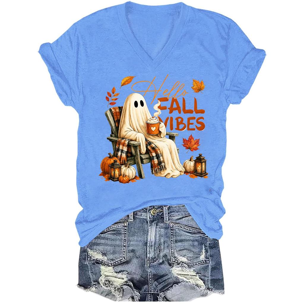 Women's Halloween Print Short Sleeve V-Neck T-Shirt Casual Top
