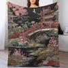 GUOYU Decke Überwurfdecke Chinoiserie Anthrazit Koralle Pagode Flanell Fleece Überwurfdecke Japanischer Asiatischer Stil Decke Pagode und Blume