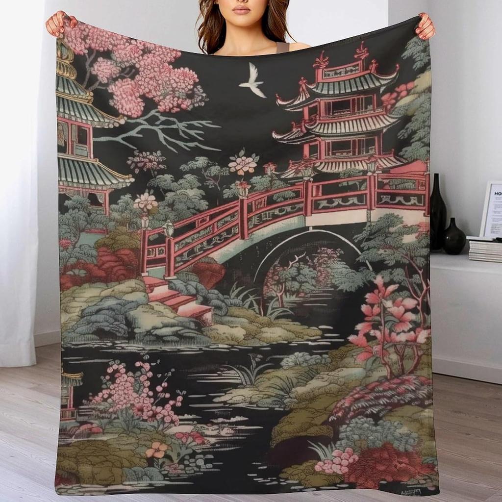 GUOYU Decke Überwurfdecke Chinoiserie Anthrazit Koralle Pagode Flanell Fleece Überwurfdecke Japanischer Asiatischer Stil Decke Pagode und Blume