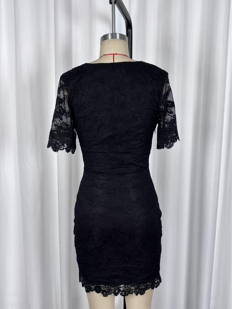 Vestido Europeo y Americano Sexy de Encaje Transparente Adelgazante con Cuello en V