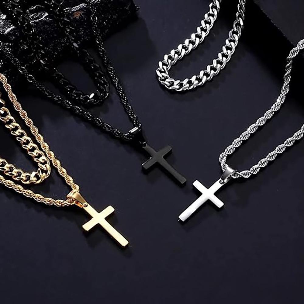 Hot Selling Stainless Steel MM Double Twist Chain Cuban Chain Cross Pendant Necklace Fashion Jewelry Men