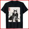Samurai Cat Warrior Ink Art Funny Japanese Style Black Cotton T-Shirt S-5XL