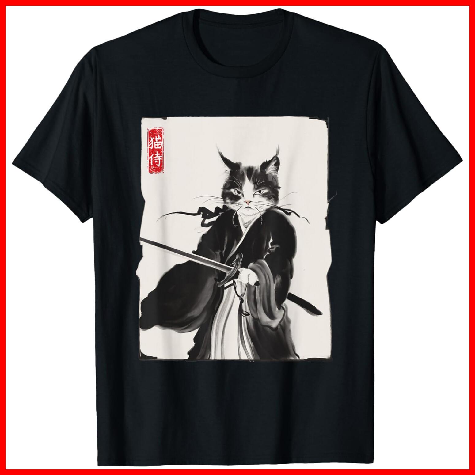 Samurai Cat Warrior Ink Art Funny Japanese Style Black Cotton T-Shirt S-5XL XL