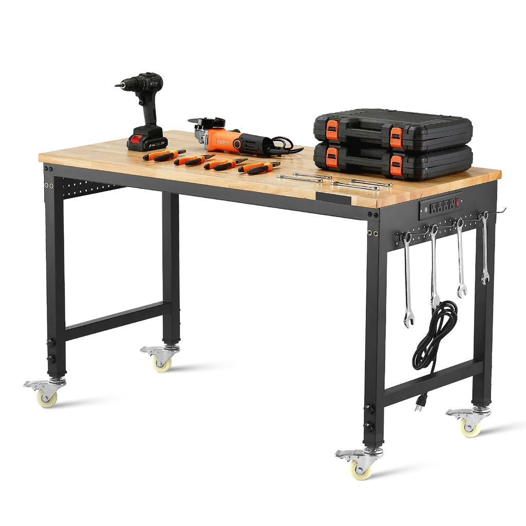 SucceBuy 48-Inch Adjustable Workbench 2000 lbs Load Work Bench with Power Outlet Wheels and Pegboard for Garage Workshop Home
