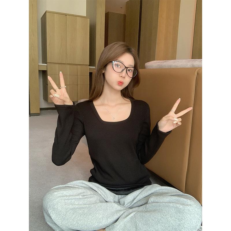 

Абрикосовый бархат, утолщенный, с длинными рукавами, внутренняя одежда для женщин, осень-зима, новый квадратный воротник, правое плечо, узкая рубашка, темпераментный топ XL