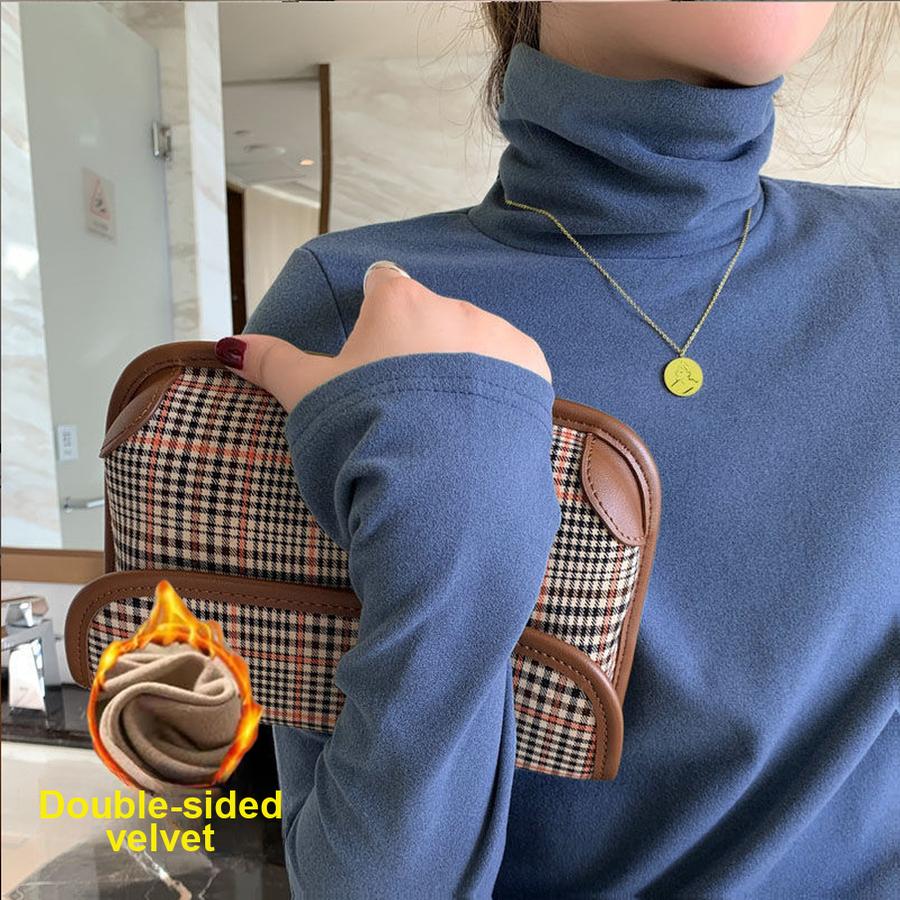 Double-Sided Fleece High Neck Base Layer Women's Autumn Winter New Slim Fit Trendy Inner Wear Thick Warm Long Sleeve T-Shirt Women