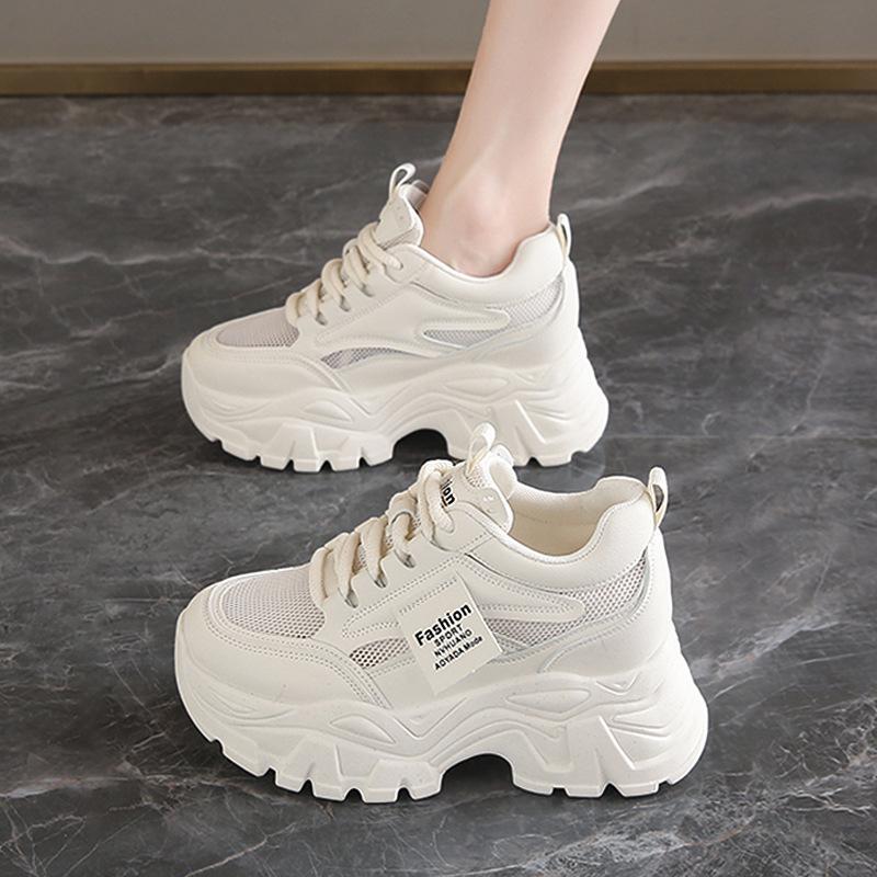 Daddy Shoes Women's 2025 Mesh Breathable Thin Inner Height Increase Small White Shoes Platform Sports Shoes High Heel Casual Versatile