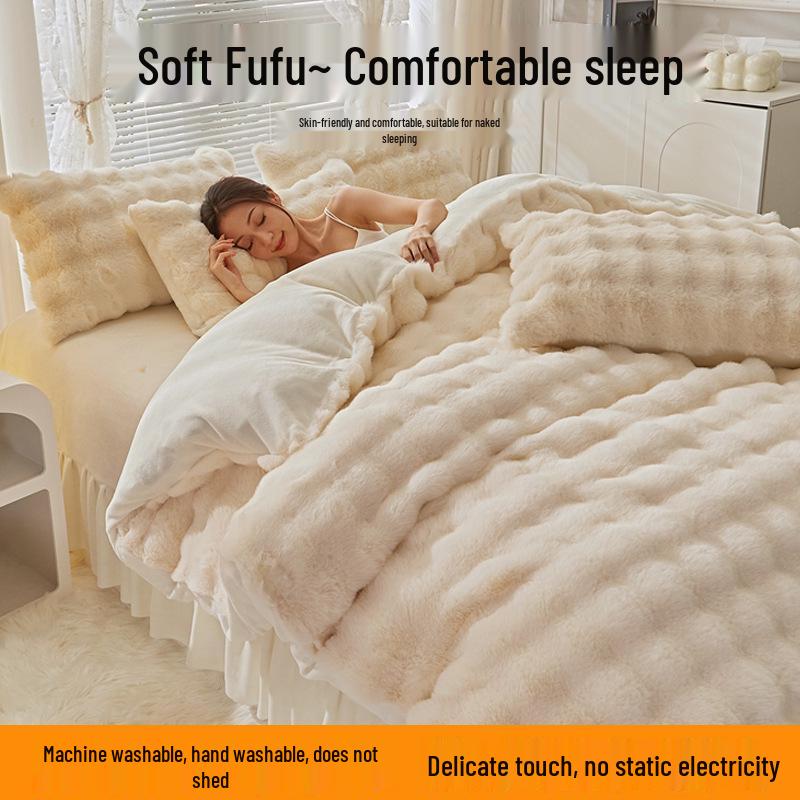 Winter Plush Bunny Fur Bedding Set: Double-Sided Milk Velvet and Coral Fleece Duvet Cover with Skirt 1.8m Skirt Four-Piece Set [Duvet Cover 200x230]