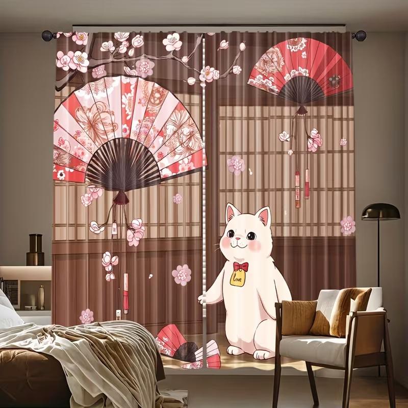 Japanese Cat Print Curtains Suitable Bedroom Living Room Kitchen Decoration Home Window Curtain Set Of 2 Made Polyester Washable Sitting Ready