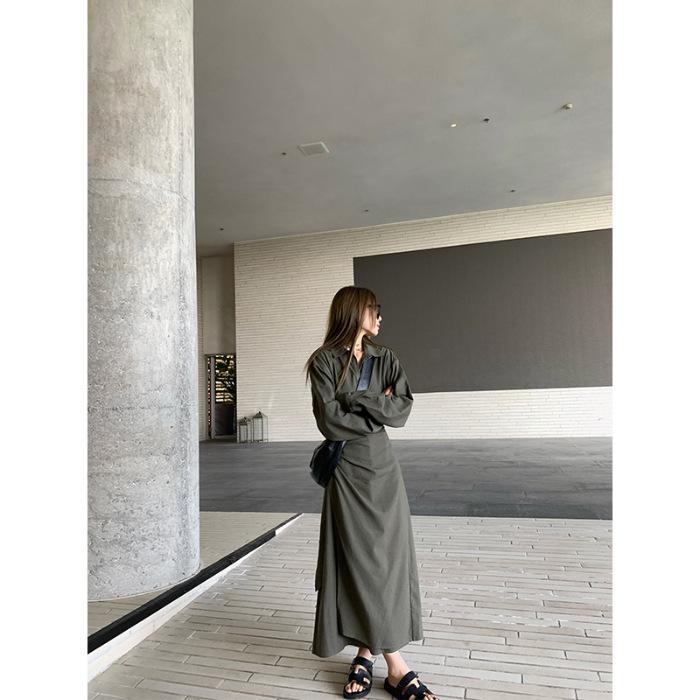 

French Premium Green Long Sleeve POLO Shirt Dress Women s Autumn New Wear Waist Medium and Long Skirt S