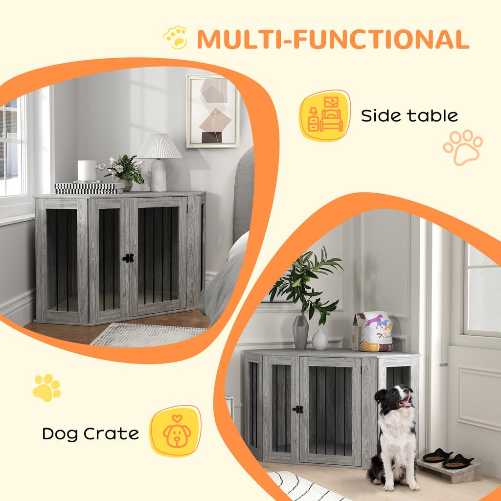 Dog Crate Furniture Side Table, with Cushion, 122 x 61 x 71cm - Grey