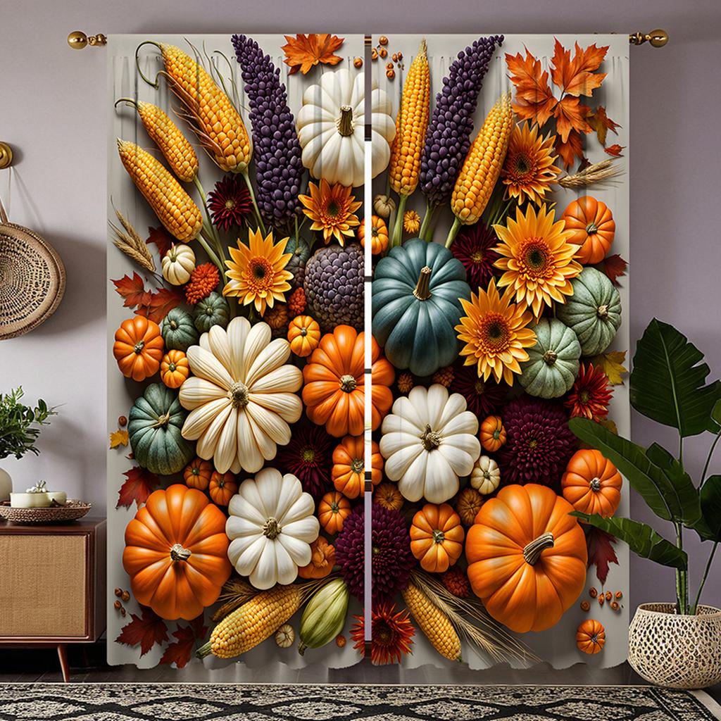 2 Stück HD Erntefest Kürbis Mais Sorghum dekorativer Vorhang Gelber Bindeband Digital bedruckter Vorhang Heimdekorationsstil Dez
