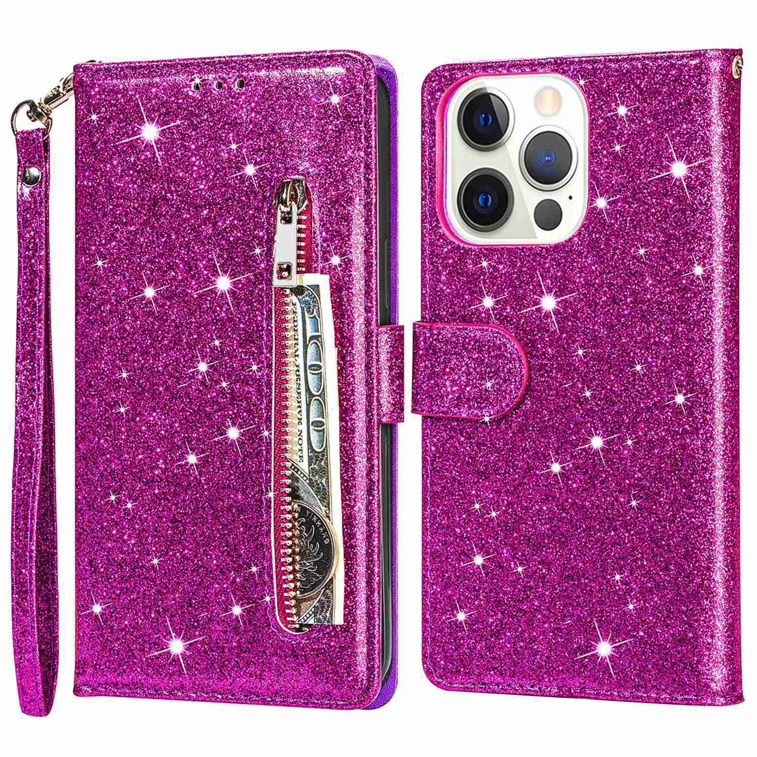 

For iPhone 15 Pro Max Phone Leather Case Wallet Stand Glittery Phone Cover with Zipper Pocket Purple