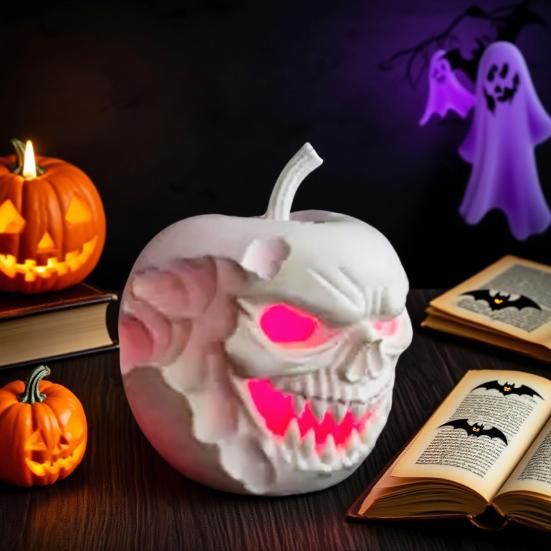 Halloween Pumpkin Light Battery Operated Lighted Fruit with Spooky Face Collectible Tabletop Night Light for Bedroom Home Decor