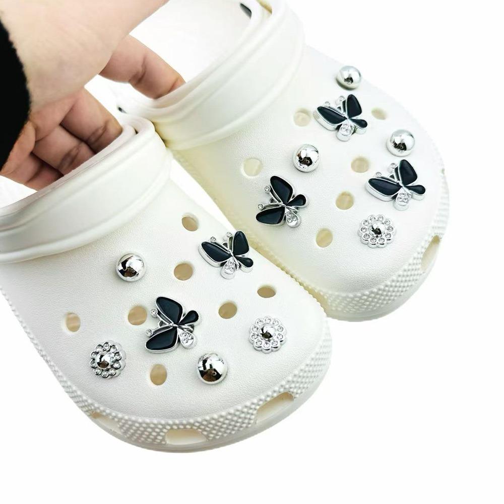 13Pcs Shoe Charms Set Black Butterfly Diamond Flower Silver Bead Shoe Decorations Buckle for Sandals Clogs DIY Accessories Gifts