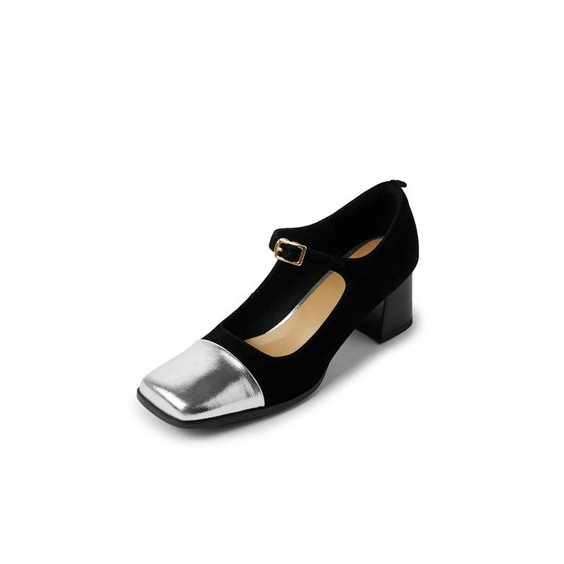 

2025 autumn and winter new light mouth one-word single shoes women s thick heel color matching square head versatile French retro Mary Jane shoes 40 серебряный