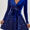 Fall Spring Women Dress V Neck Lace-up Tight Waist Sequin Decor A-line Big Hem Long Sleeves Prom Party Mini Dress