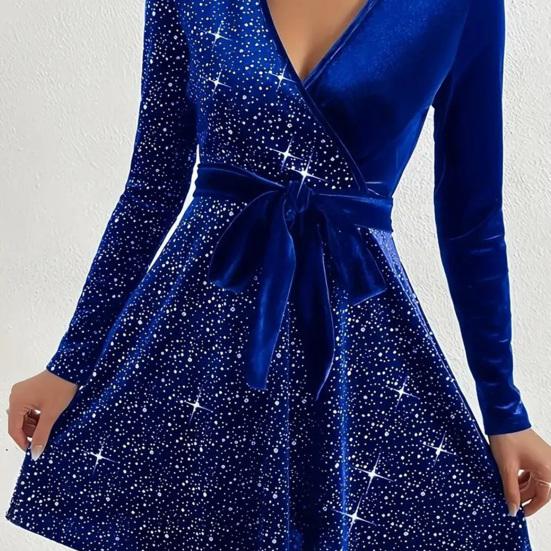 Fall Spring Women Dress V Neck Lace-up Tight Waist Sequin Decor A-line Big Hem Long Sleeves Prom Party Mini Dress