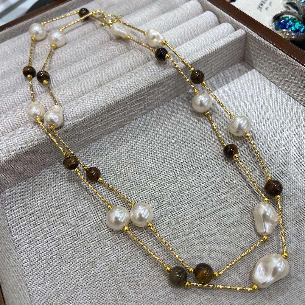 Tiger'S Eye Stone Bamboo Pendant Necklace Retro Maillard Versatile Long Sweater Chain Light Luxury High-End Jewelry