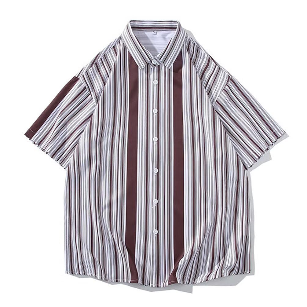Tenflow Plus Size Casual Short Open Loose Cool for Summer Men's Shirt, Sleeve, Striped, Collar, Fit, (5XL, Coffee)