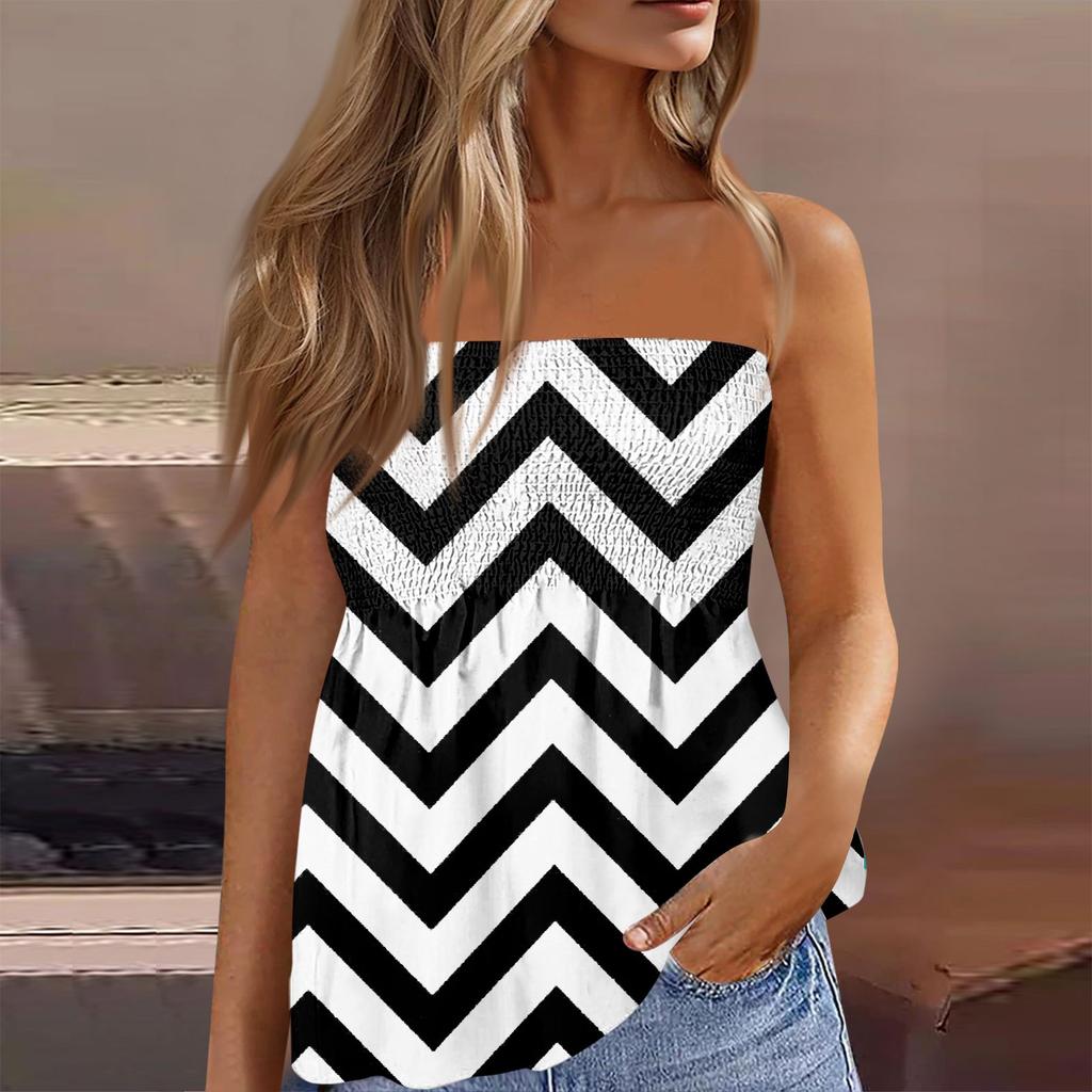2024 Tube Tops For Women,Cute Sexy Off Shoulder Striped Print Sleeveless T-Shirt