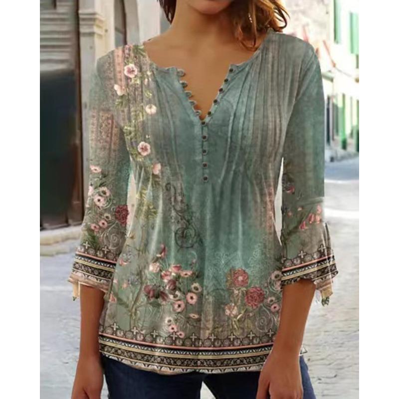QICED Spring Summer Fashion Women's Wear Floral Print V-neck Short-sleeved Pleated Button T-shirt Base Layer
