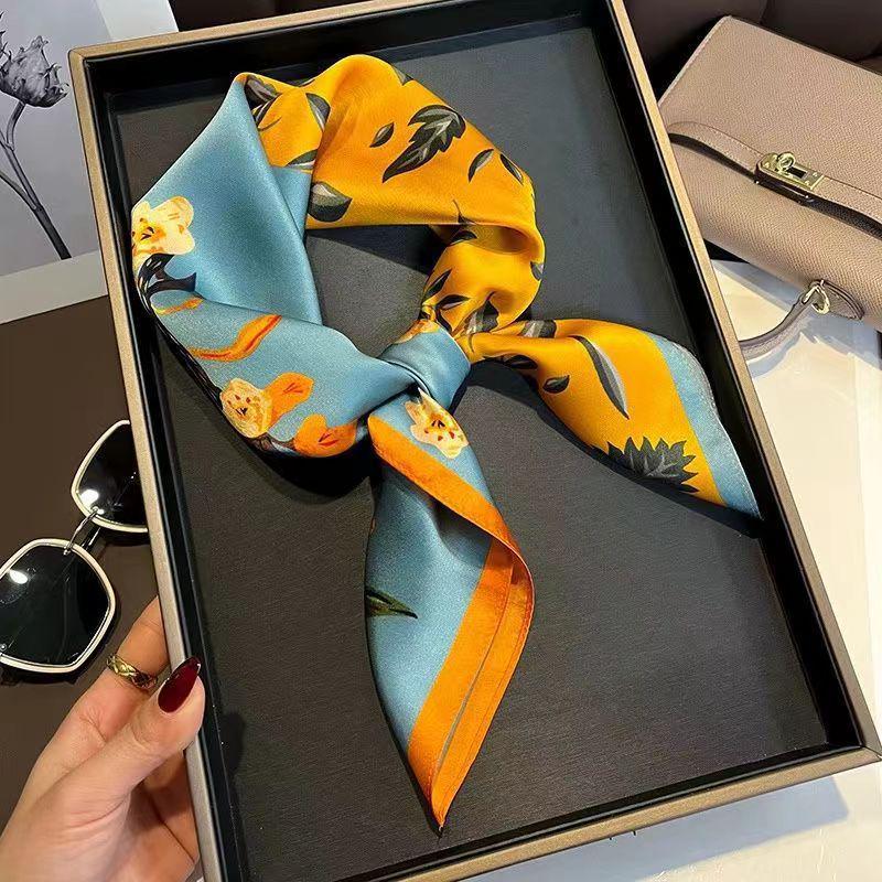 High-End Women's Lightweight Silk Square Scarf - Temperament Print Neckerchief for Neck Protection and Decoration.