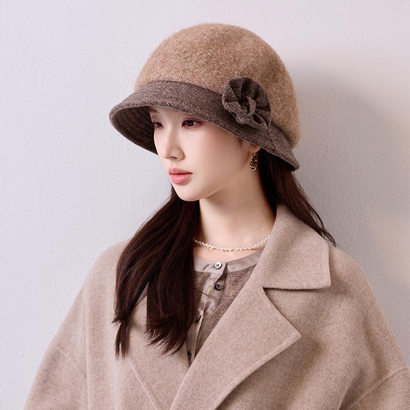 Literary flower bucket hat autumn and winter retro simple pot hat temperament big head circumference show face small hat women's