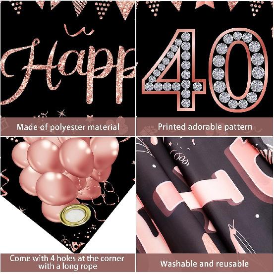 40th Birthday Banner Decorations for Women, Rose Gold Happy 40 Year Old Birthday Sign Party Supplies, Forty Bday Party Decor Photo Booth Props for