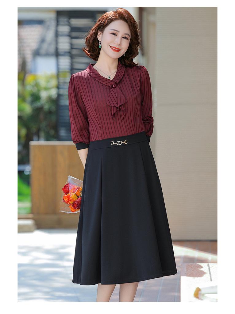 Trendy Autumn Long-Sleeve Fake Two-Piece Dress for Middle-Aged Women 2025