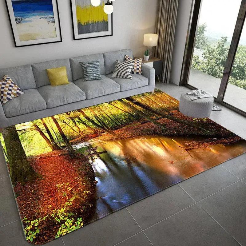 Tappeto 3D Paesaggio Naturale per Soggiorno Tappeto Paesaggio Foresta Verde Cascata Tappeto Antiscivolo per Camera da Letto in Bagno Grande