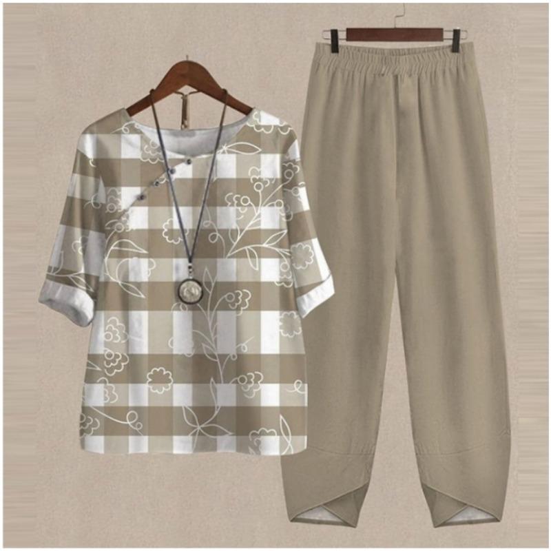 Frühlings-Zweiteiler für Damen mit Fünfviertelärmeln und bedruckter Oberteil- und Hose