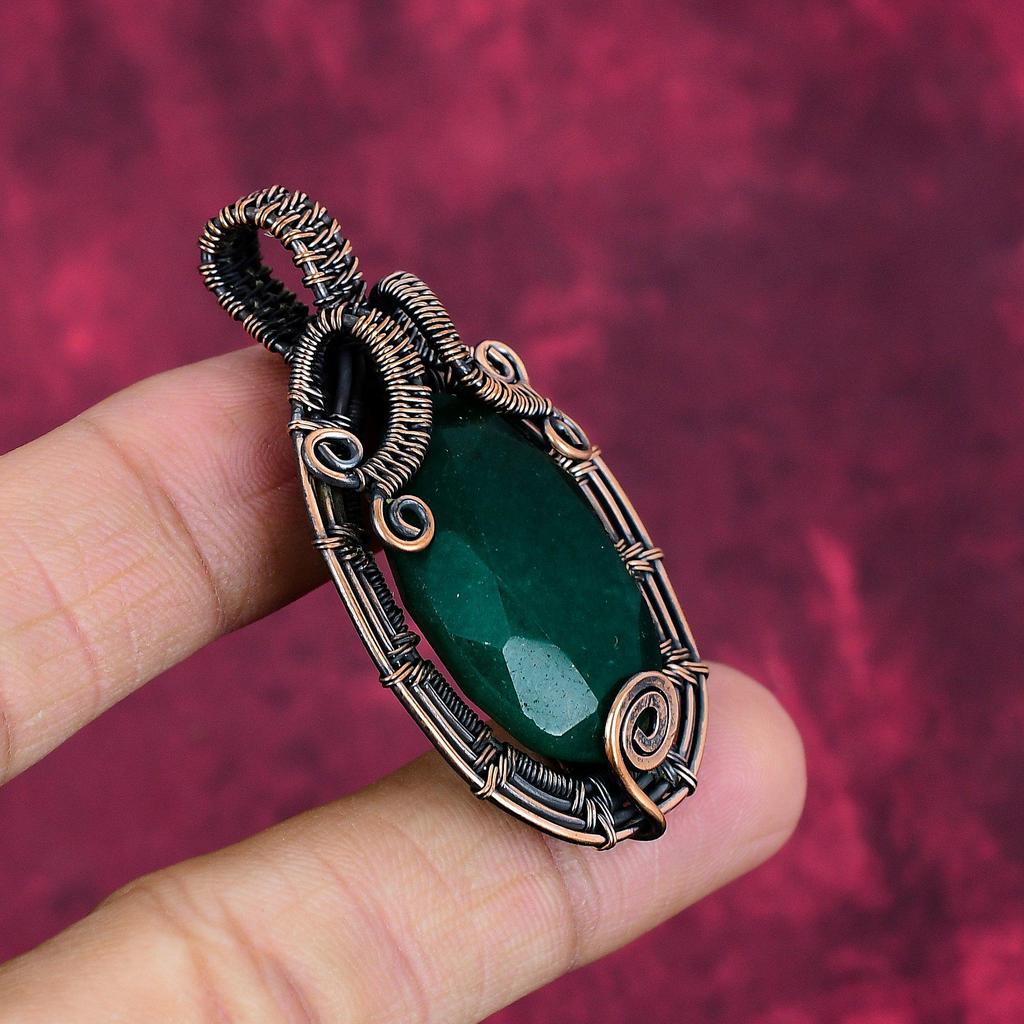 Faceted Zambian Emerald pendant Copper Wire Wrapped Pendant Real Gemstone Jewelry