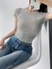 Trendy Women's Ribbed Slim Fit Short Sleeve T-Shirt with Sexy Round Neck and Straight Shoulders.