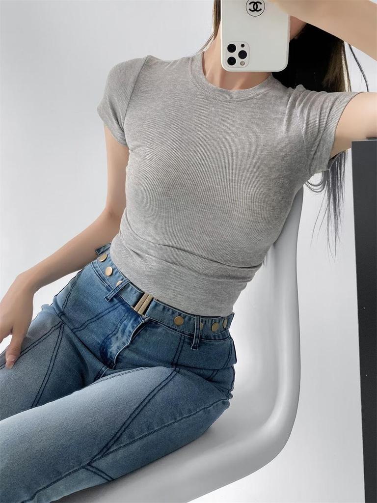 Trendy Women's Ribbed Slim Fit Short Sleeve T-Shirt with Sexy Round Neck and Straight Shoulders.