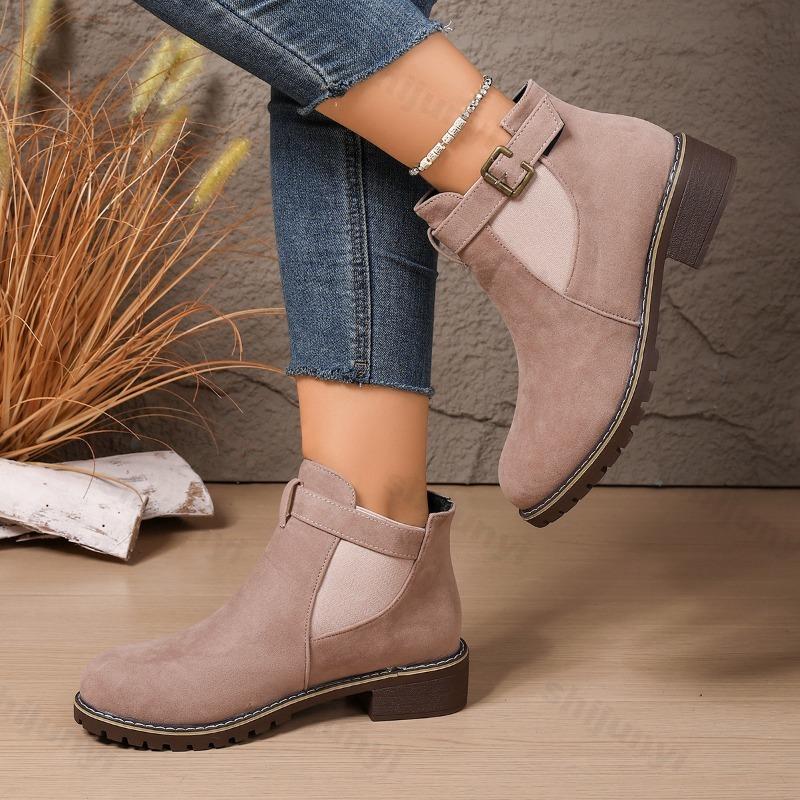 Women's Boots 2026 Autumn Winter Thick Bottom Belt Buckle Decoration Round Head Short Boots Polyurethane Material Ankle Boots