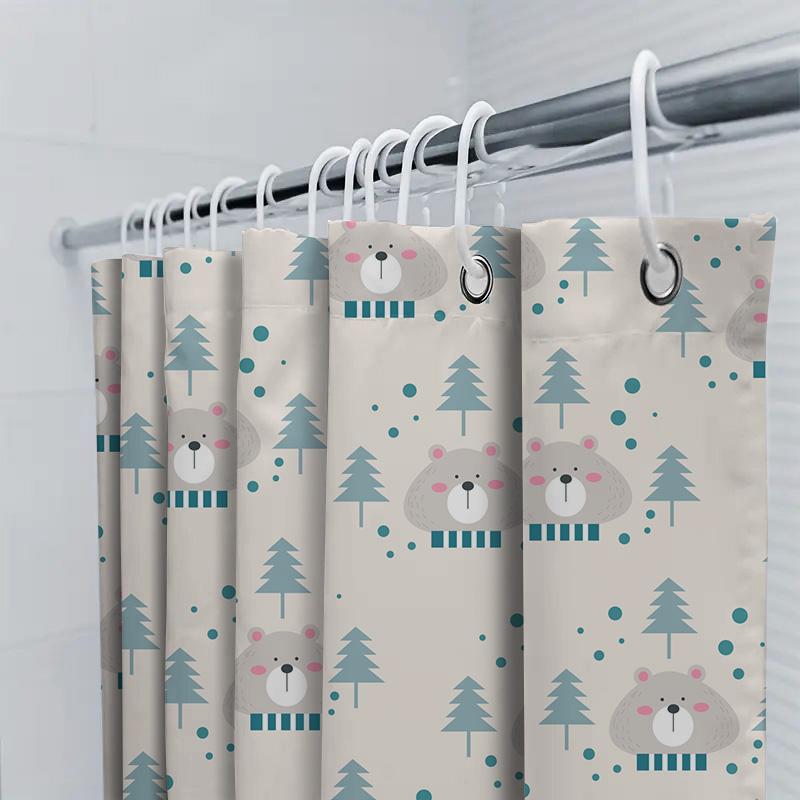 Snowy Bear Christmas Tree Shower Curtain Cute Kids Bath Rug Decor For Bathroom Blue White Tones (Size: 180 X 240Cm)