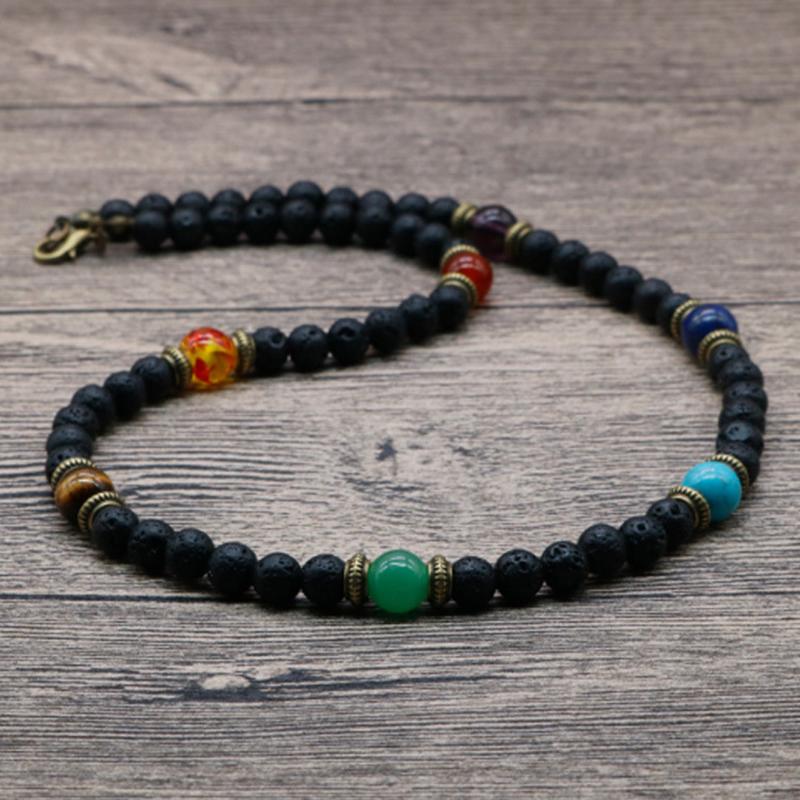 Vintage Choker Chakra Necklace Charm 6mm Natural Lava Stone Necklace Men Boy Short Necklace Male Casual Jewelry Husband Pulseras