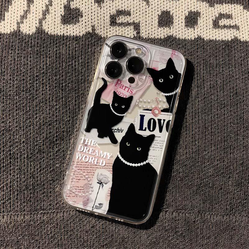 Hülle Für iPhone 16 PRO Max 14 Plus 13 12 Mini 11 Pro Max 6E Lustiges Schwarzes Katzen Paar Niedlich Silikon Transparent Weiche Abdeckung
