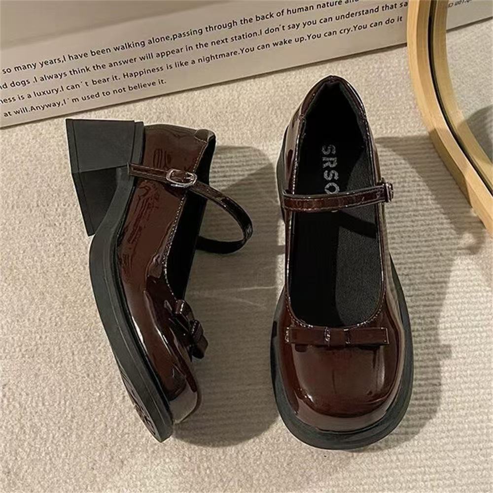 French Mary Jane Shoes Light Mouth Single Shoes Spring Retro College Style Thick Heel Bow Round Head JK Small Leather Shoes
