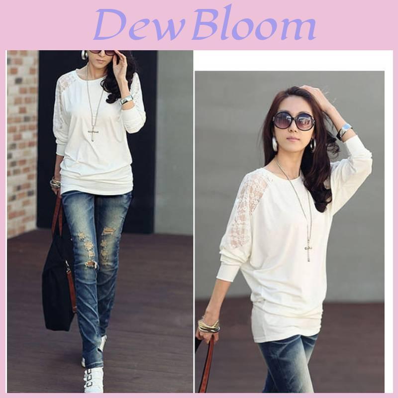Stylish Black And White Lace Batwing Sleeve T-shirt For Plus Size Women In Trendy Commute Style